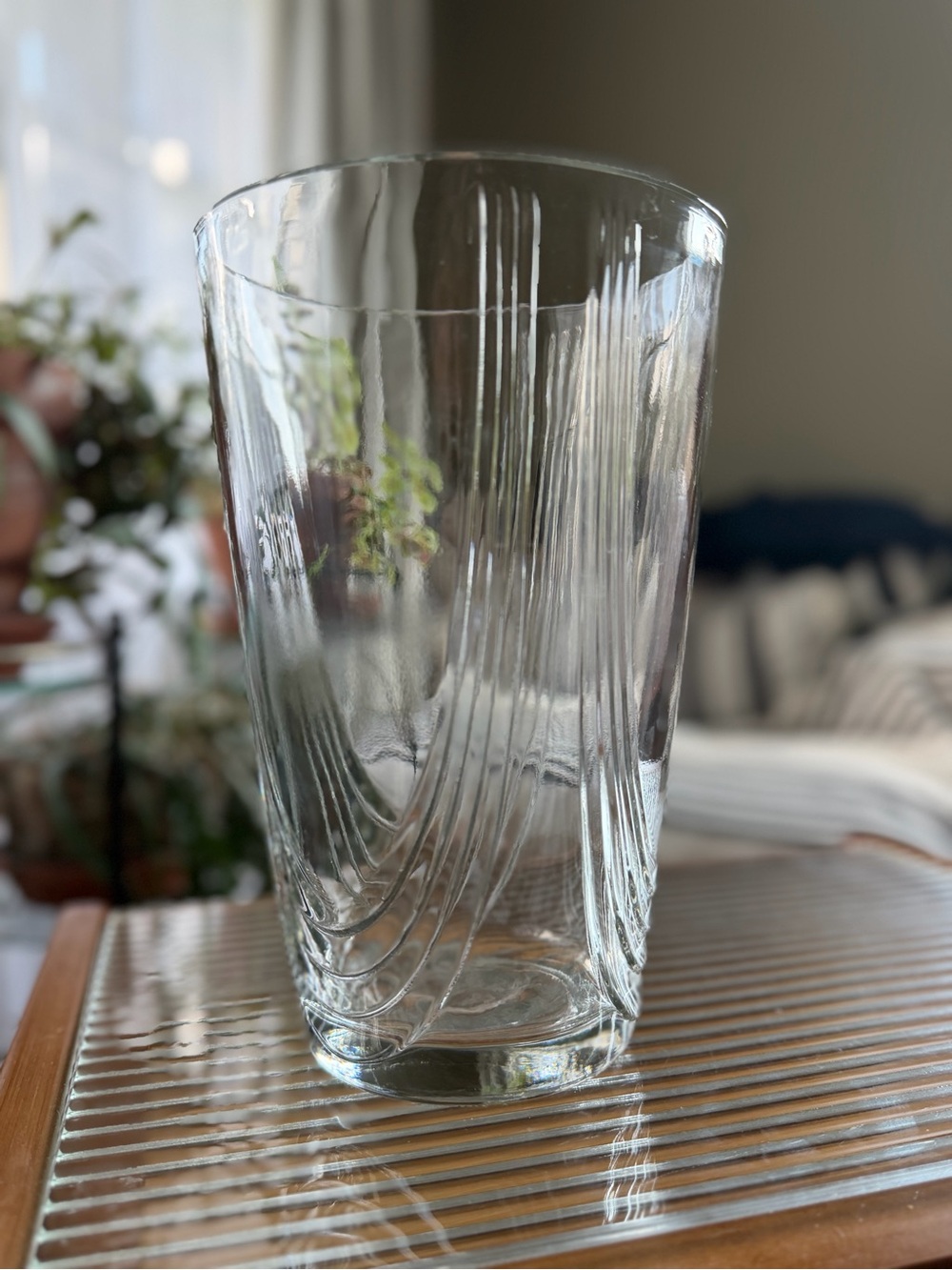 Vintage 1990’s Neiman Marcus Large Heavy Lead Crystal Vase Geometric Line Design